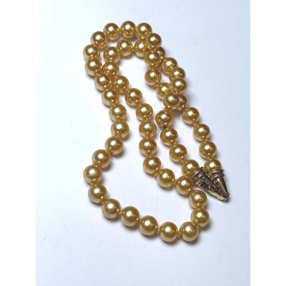 Vintage Golden Yellow Faux Pearl Hand Knotted Strand Necklace 17 Inch Gold Tone